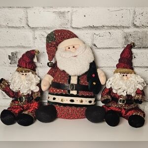Plush Santa Trio Set Red Gold Holiday Decor Christmas Shelf Sitters